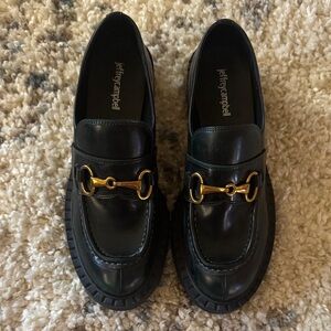 Never Worn Jeffrey Campbell Dark Green Loafers with Gold Accent